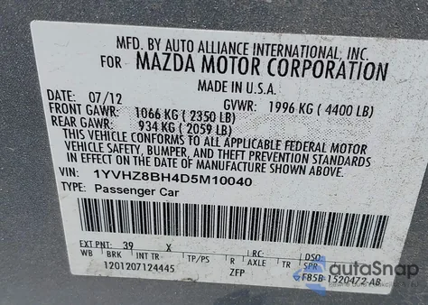 2013 Mazda Mazda6 I Sport z USA, uszkodzony, nr VIN 1YVHZ8BH4D5M10040